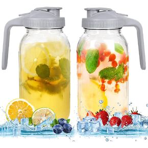 32 oz Glass Mason Jar Pitcher Set of 2 with Pour Spout Lid Brush 1 Quart Leak Proof Wide Mouth Storage Container for Cold Brew Coffee Breast Milk Juice Tea(Gray*2)