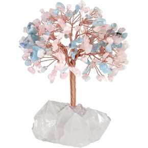 mookaitedecor Natural Aquamarine Crystal Money Tree with Rock Quartz Cluster Base, Healing Crystal Feng Shui Tree for Table Display Home Decoration