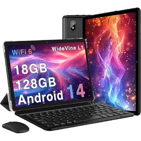 2024 Newest Tablet Android 14 Tablets with 128GB ROM+18GB RAM (4+14 Virtual), 1TB Expand 2 in 1 10.1 Tablet with Keyboard, Powerful Octa-Core, WiFi 6, BT5.0, 6000mAh, Widevine L1, Black