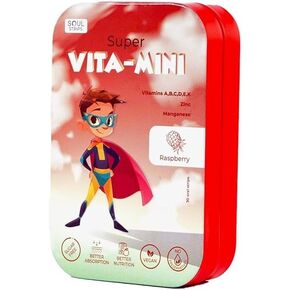 Soul Strips Super Vita-Mini - Essential Vitamins A, B, C, D, E, K & Minerals for Kids' Growth & Health, Raspberry Flavor, Zero Sugar, 100% Vegan, 30 Strips Pack '