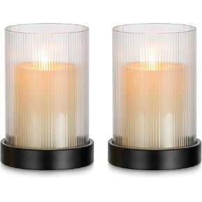 Glasseam Hurricane Glass Candle Holder: Gold Pillar Candle Holders Set of 2 Ribbed Glass Cylinder Covers with Metal Candle Tray Modern Candle Holders for Table Centerpiece Living Room Decorations