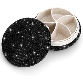 Soleebee Portable 5 Compartments Daily Pill Organizer, Bling Crystal Pill Box Case, Small Travel Pill Planner for Purse or Pocket, Round Pill Dispenser, Medicine Vitamin Container Organizer (AB)