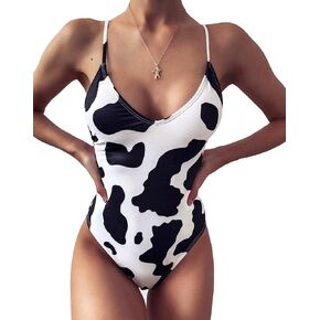 Womens One Piece Cow Print Pattern High Cut Bodysuit Swimsuit Bikini Swimwear Rave Festival