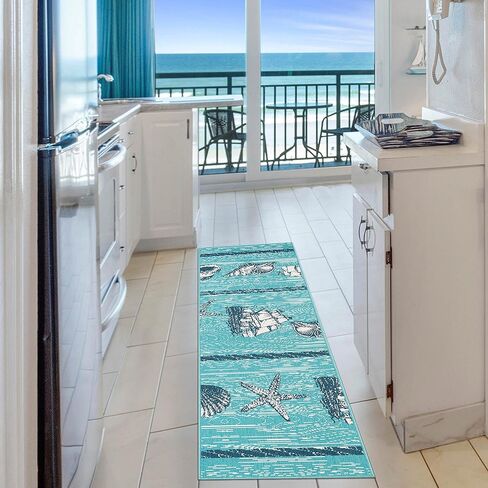 عداء داخلي وخارجي متفوق، ديكور أرضية استوائية ساحلية للفناء، بجانب حمام السباحة، المطبخ، غرفة المعيشة، غرفة النوم، دعامة من الجوت، نجم البحر، مجموعة كاليهيواي، 2' 7'' x 8'، أزرق-أخضر/كريمي in Kuwait