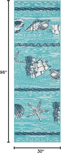 عداء داخلي وخارجي متفوق، ديكور أرضية استوائية ساحلية للفناء، بجانب حمام السباحة، المطبخ، غرفة المعيشة، غرفة النوم، دعامة من الجوت، نجم البحر، مجموعة كاليهيواي، 2' 7'' x 8'، أزرق-أخضر/كريمي in Kuwait