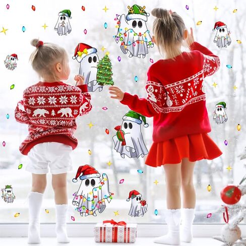 Christmas Ghost Window Cling Christmas Funny Ghost Wall Decals Xmas Light Merry Bright Wall Stickers Christmas Window Wall Decoration Stickers Winter Holiday Window Decals Party Supplies in Saudi Arabia