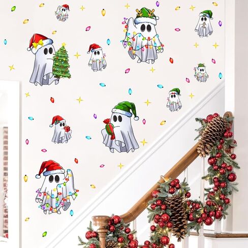 Christmas Ghost Window Cling Christmas Funny Ghost Wall Decals Xmas Light Merry Bright Wall Stickers Christmas Window Wall Decoration Stickers Winter Holiday Window Decals Party Supplies in Saudi Arabia