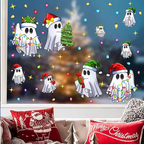 Christmas Ghost Window Cling Christmas Funny Ghost Wall Decals Xmas Light Merry Bright Wall Stickers Christmas Window Wall Decoration Stickers Winter Holiday Window Decals Party Supplies in Saudi Arabia