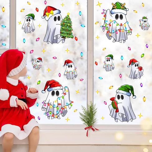 Christmas Ghost Window Cling Christmas Funny Ghost Wall Decals Xmas Light Merry Bright Wall Stickers Christmas Window Wall Decoration Stickers Winter Holiday Window Decals Party Supplies in Saudi Arabia
