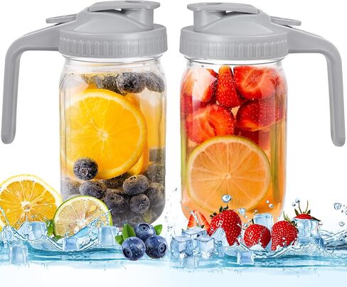 32 oz Glass Mason Jar Pitcher Set of 2 with Pour Spout Lid Brush 1 Quart Leak Proof Wide Mouth Storage Container for Cold Brew Coffee Breast Milk Juice Tea(Gray*2) in Saudi Arabia