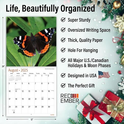 RED EMBER Butterflies 2025 Hangable Monthly Wall Calendar | 12" x 24" Open | Thick & Sturdy Paper | Giftable | Beautiful Garden Nature in Kuwait