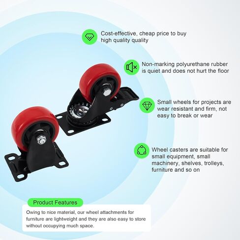 XIKE 4 PCS Red 3 inch Heavy Duty Caster Wheels PU Rubber Swivel Casters with Top Plate & Strong Bearing (2 Fixed Directions 2 Arbitrary Directions) in Saudi Arabia