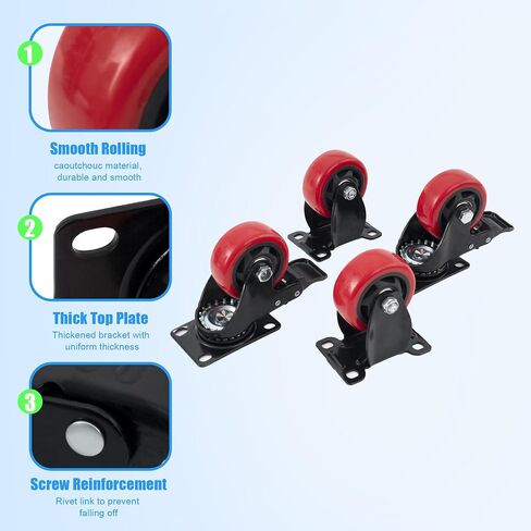 XIKE 4 PCS Red 3 inch Heavy Duty Caster Wheels PU Rubber Swivel Casters with Top Plate & Strong Bearing (2 Fixed Directions 2 Arbitrary Directions) in Saudi Arabia