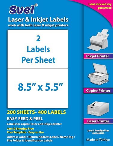 8.5"x5.5" Shipping Labels for Laser & Inkjet Printers, Permanent Self Adhesive Address Mailing Stickers Half Sheet 200 Labels 8.5"x5.5"Round (100 Sheets) in Saudi Arabia