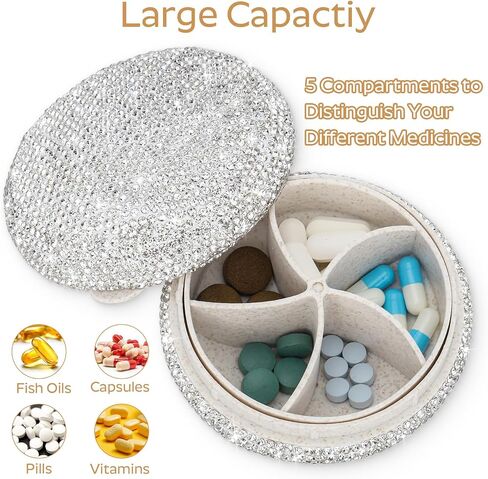 Soleebee Portable 5 Compartments Daily Pill Organizer, Bling Crystal Pill Box Case, Small Travel Pill Planner for Purse or Pocket, Round Pill Dispenser, Medicine Vitamin Container Organizer (AB) in Saudi Arabia