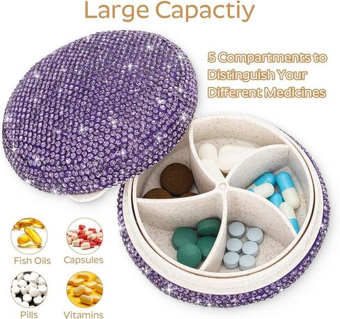 منظم حبوب منع الحمل اليومي من Soleebee مكون من 5 أقسام، علبة صندوق حبوب منع الحمل كريستال بلينغ، مخطط حبوب سفر صغير للمحفظة أو الجيب، موزع حبوب دائري، منظم حاوية فيتامين الدواء (AB) in Kuwait
