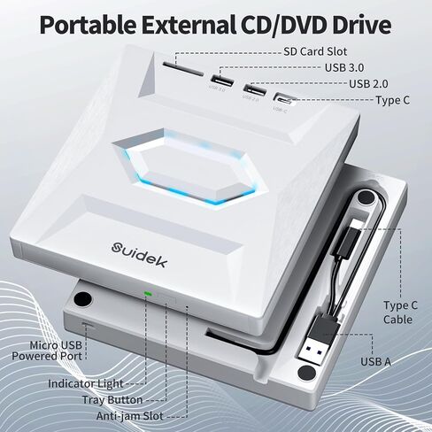 External CD DVD Drive for Laptop, USB C Portable CD/DVD +/-RW Burner DVD Player for Laptop with SD Card Reader USB 3.0 Type C Hub Compatible with Laptop Desktop PC Windows Linux in Kuwait