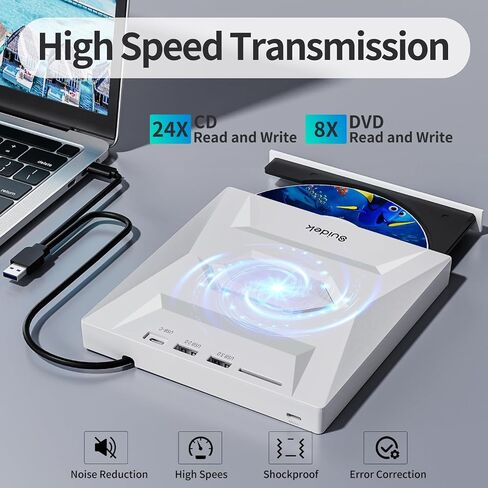 External CD DVD Drive for Laptop, USB C Portable CD/DVD +/-RW Burner DVD Player for Laptop with SD Card Reader USB 3.0 Type C Hub Compatible with Laptop Desktop PC Windows Linux in Kuwait