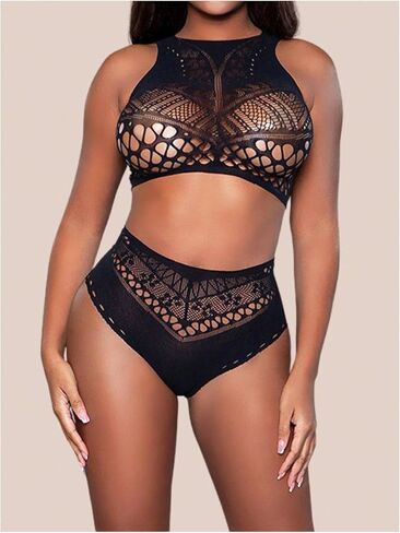 MakeMeChic Women's 2 Piece Exotic Lingerie Set Hollow Out Crochet Bra and Panty Set in Saudi Arabia
