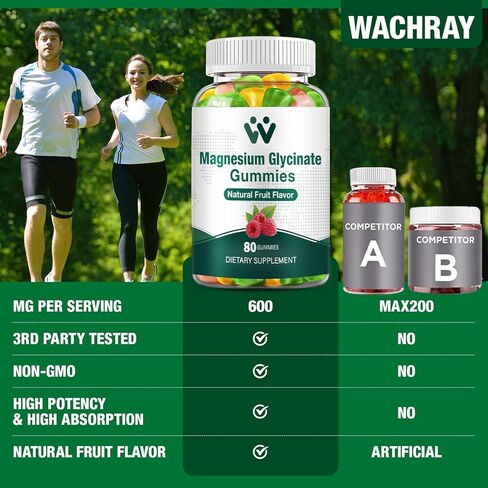 علكة غليسينات المغنيسيوم 400 ملغ - مكمل مغنيسيوم للنوم والتوتر وتخفيف العضلات، مضغ المغنيسيوم الهادئ للبالغين والأطفال مع فيتامين د، ونكهة الفاكهة ب6، نباتي، عبوتين in Kuwait