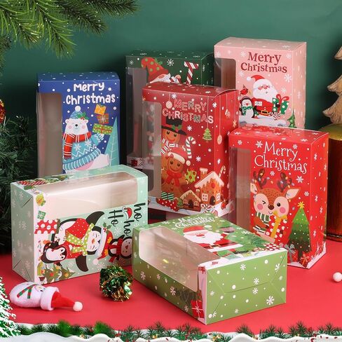 27 Pcs Christmas Cookie Boxes with Window, Christmas Treat Boxes Bulk Christmas Bakery Boxes Christmas Gift Boxes with Lids Large Holiday Cookie Containers for Gift Giving Candy Pastry Party Favor in Saudi Arabia