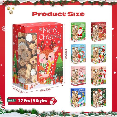 27 Pcs Christmas Cookie Boxes with Window, Christmas Treat Boxes Bulk Christmas Bakery Boxes Christmas Gift Boxes with Lids Large Holiday Cookie Containers for Gift Giving Candy Pastry Party Favor in Saudi Arabia