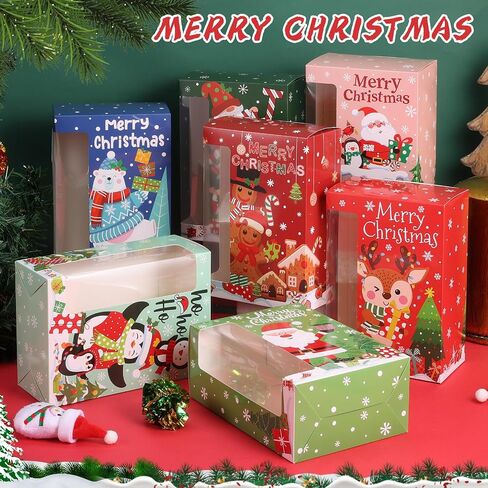 27 Pcs Christmas Cookie Boxes with Window, Christmas Treat Boxes Bulk Christmas Bakery Boxes Christmas Gift Boxes with Lids Large Holiday Cookie Containers for Gift Giving Candy Pastry Party Favor in Saudi Arabia