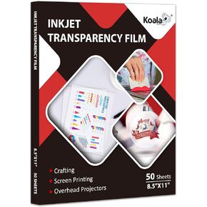 Koala Inkjet Transparency Film 50 Sheets 100% Clear Transparency Paper for Inkjet Printers, for Crafting, Overhead Projector, Screen Printing - 8.5x11 Inches