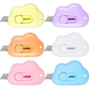 6 Pieces Mini Utility Knives Cloud Shaped Box Cutter Retractable Letter Opener Assorted Colors Cloud Envelope Slitter Carton Portable Paper Cutter with Key Chain Hole