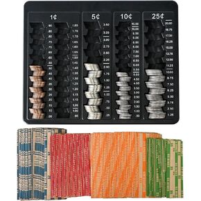 L LIKED 1PCS Black Coin Counter Tray -Change Counter Coin Counting and Sorting Tray with 150 Assort Coin Wrappers Included-5 Compartments Slots for Organization Pennies, Nickels, Dimes, and Quarters