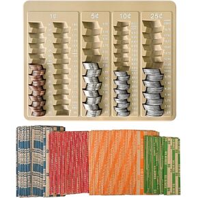 L LIKED 1PCS Black Coin Counter Tray -Change Counter Coin Counting and Sorting Tray with 150 Assort Coin Wrappers Included-5 Compartments Slots for Organization Pennies, Nickels, Dimes, and Quarters