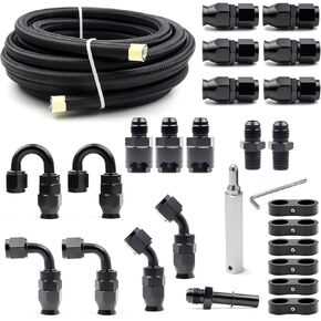 6AN PTFE Fuel Line Kit, Nylon Stainless Steel Braided Fuel Hose, LS Swap EFI E85 Injection Fuel PTFE Fitting 3/8" 26FT