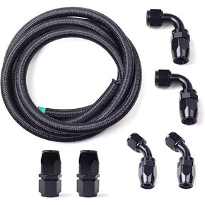 BLACKHORSE-RACING 10Ft 6 an AN6 Nylon and Stainless Steel Braidied Oil Gas Fuel Hose Fuel Line + 6pcs 6an Hose Fitting Kit Black