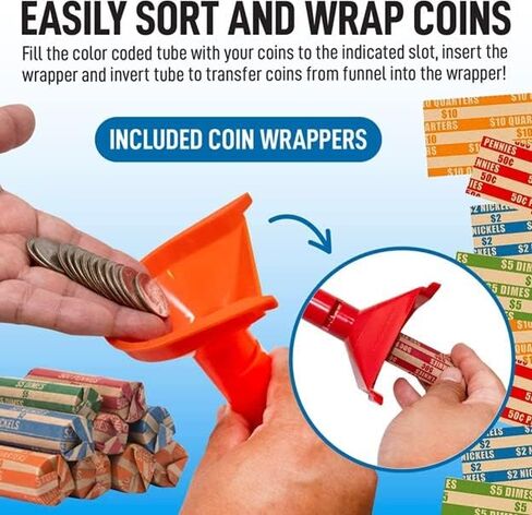 Nadex Easy Wrap Coin Tube Set with 40 Wrappers Included - Funnel Shaped Coin for Pennies, Nickles, Dimes, and Quarters - Four Color-Coded Tubes in Saudi Arabia