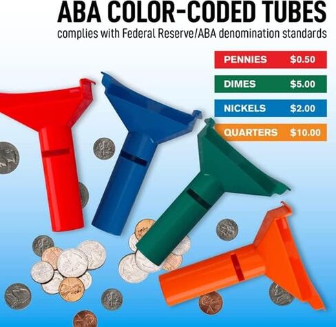 Nadex Easy Wrap Coin Tube Set with 40 Wrappers Included - Funnel Shaped Coin for Pennies, Nickles, Dimes, and Quarters - Four Color-Coded Tubes in Saudi Arabia