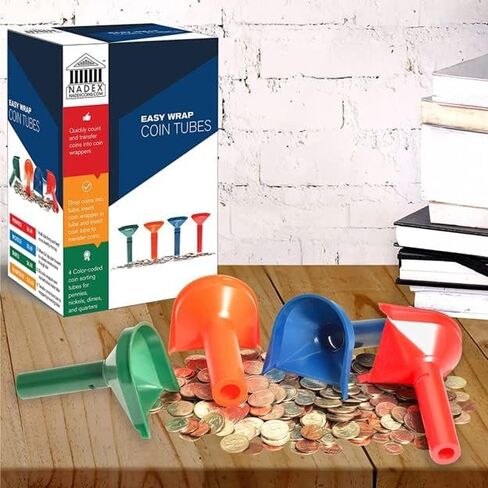 Nadex Easy Wrap Coin Tube Set with 40 Wrappers Included - Funnel Shaped Coin for Pennies, Nickles, Dimes, and Quarters - Four Color-Coded Tubes in Saudi Arabia