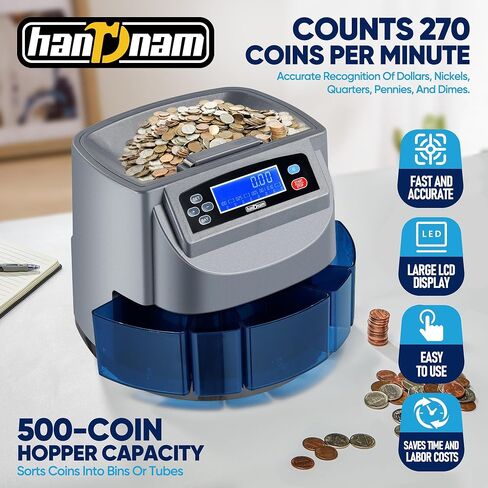 Coin Counter Machine, Electric Coin Sorter Sort 270 Coins/Minute, USD Change Counter Machine,500 Coins Capacity Automatic Coin Sorter and Wrapper Machine, Coin Counting Roller Machine with LCD Display in Saudi Arabia