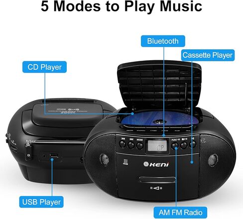 مجموعة مشغل الأقراص المضغوطة والكاسيت المحمولة من جي كيني، مجموعة بومبوكس، مسجل شريط كاسيت مع جهاز تحكم عن بعد، راديو AM FM، تشغيل USB مع مقبس سماعة الأذن، مكبر صوت بلوتوث 5.1 فولت، يعمل بالبطارية أو يعمل بالتيار المتردد للمنزل in Kuwait