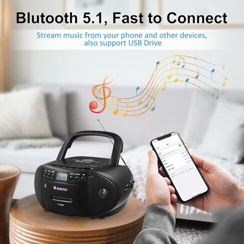 مجموعة مشغل الأقراص المضغوطة والكاسيت المحمولة من جي كيني، مجموعة بومبوكس، مسجل شريط كاسيت مع جهاز تحكم عن بعد، راديو AM FM، تشغيل USB مع مقبس سماعة الأذن، مكبر صوت بلوتوث 5.1 فولت، يعمل بالبطارية أو يعمل بالتيار المتردد للمنزل in Kuwait