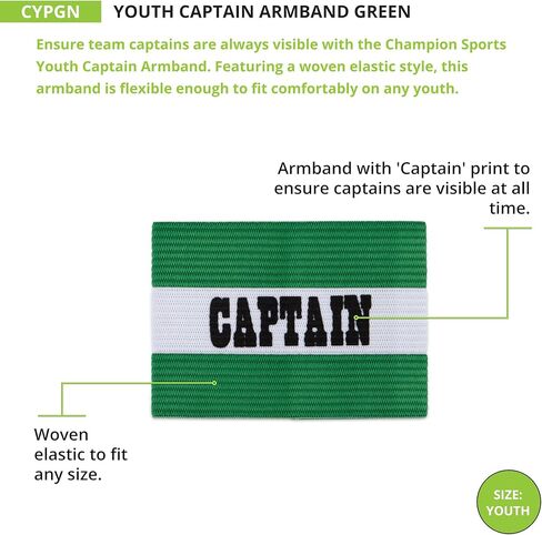حزام ذراع الكابتن الرياضي للشباب، أخضر - أربطة ذراع كابتن من النايلون المنسوج للجنسين لكرة القدم وكرة القدم وكرة السلة والمزيد - إكسسوارات رياضية ممتازة للفريق للأطفال in Kuwait