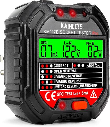 كاشف وعاء GFCI الكهربائي من KAIWEETS مع شاشة LCD، مدقق مقبس الجهد الكهربي 3 شقوق 120 فولت، 6 مؤشرات مرئية/أسطورة الأسلاك للمنزل in Kuwait