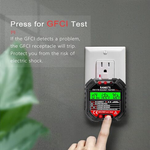 كاشف وعاء GFCI الكهربائي من KAIWEETS مع شاشة LCD، مدقق مقبس الجهد الكهربي 3 شقوق 120 فولت، 6 مؤشرات مرئية/أسطورة الأسلاك للمنزل in Kuwait