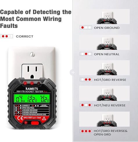 كاشف وعاء GFCI الكهربائي من KAIWEETS مع شاشة LCD، مدقق مقبس الجهد الكهربي 3 شقوق 120 فولت، 6 مؤشرات مرئية/أسطورة الأسلاك للمنزل in Kuwait