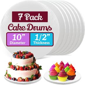Reli. Cake Boards Drum 10 Inch (7 Pack) | White Thick Cake Boards 10 Inch Round | 1/2" Thick Cake Board Drum | Greaseproof Round Cake Drum | Smooth Cake Boards | Cake Drum for All Desserts