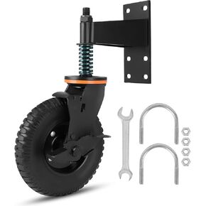 Heavy Duty Gate Wheel with Brake, 8in Fence Gate Wheel 600Lb Capacity Spring Loaded Gate Caster Shock Absorption Universal Rubber Caster with Spanner & Screws for Metal Gate