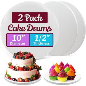 Reli. Cake Boards Drum 10 Inch (2 Pack) | White Thick Cake Boards 10 Inch Round | 1/2" Thick Cake Board Drum | Greaseproof Round Cake Drum | Smooth Cake Boards | Cake Drum for All Desserts