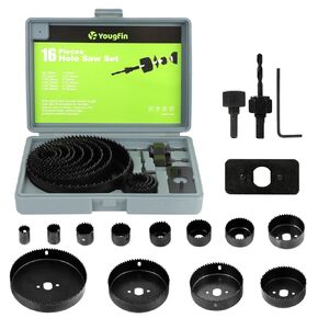 Yougfin Hole Saw Set, 16 Pieces Hole Saw Kit w/ 12Pcs Saw Blades, 2Pcs Mandrels, Install Plate & Hex Key - Ideal for Soft Wood, Plywood, Drywall, PVC - Sizes 3/4"-5" (19-127mm)