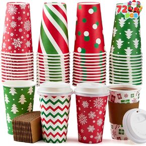 JOYIN 72 قطعة من أكواب ورقية لحفلات عيد الميلاد للاستعمال مرة واحدة، أكواب قهوة عيد ميلاد سعيد 16 أونصة مع أكمام وأغطية للأكواب، 6 تصميمات لأكواب شرب شاي عيد الميلاد، مشروبات أدوات المائدة، هدايا مستلزمات العطلات in Kuwait
