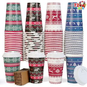 JOYIN 72 PCS Christmas Disposable Party Paper Cups, 16 oz Merry Christmas Coffee Cups With Cup Sleeves and Lids, 6 Designs Xmas Tea Drinking Cups, Beverages Tableware Holiday Supplies Favors