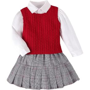 MakeMeChic Girl's 3 Piece Outfits V Neck Vest Top Button Down Shirt and Plaid Pleated Skirt Set